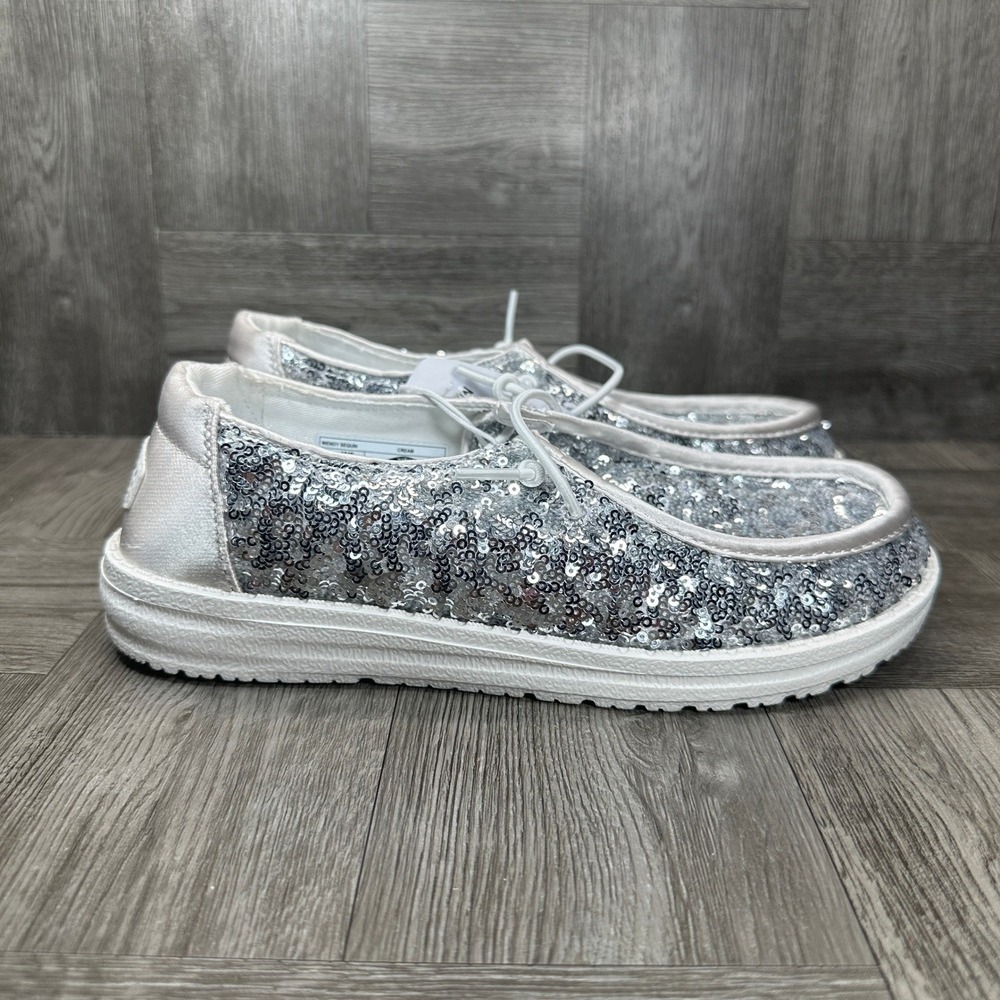 Hey Dude Wendy Sequin Women Size 6 Cream Silver Sparkle‎ Slip On NEW